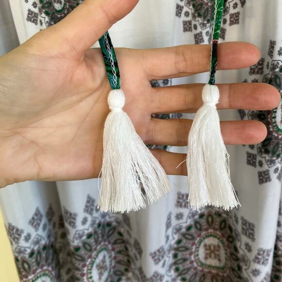 Umgee Sz M Boho Shift Mini Dress Bell Sleeves Tassel Tie Green Paisley Print - Picture 5 of 16